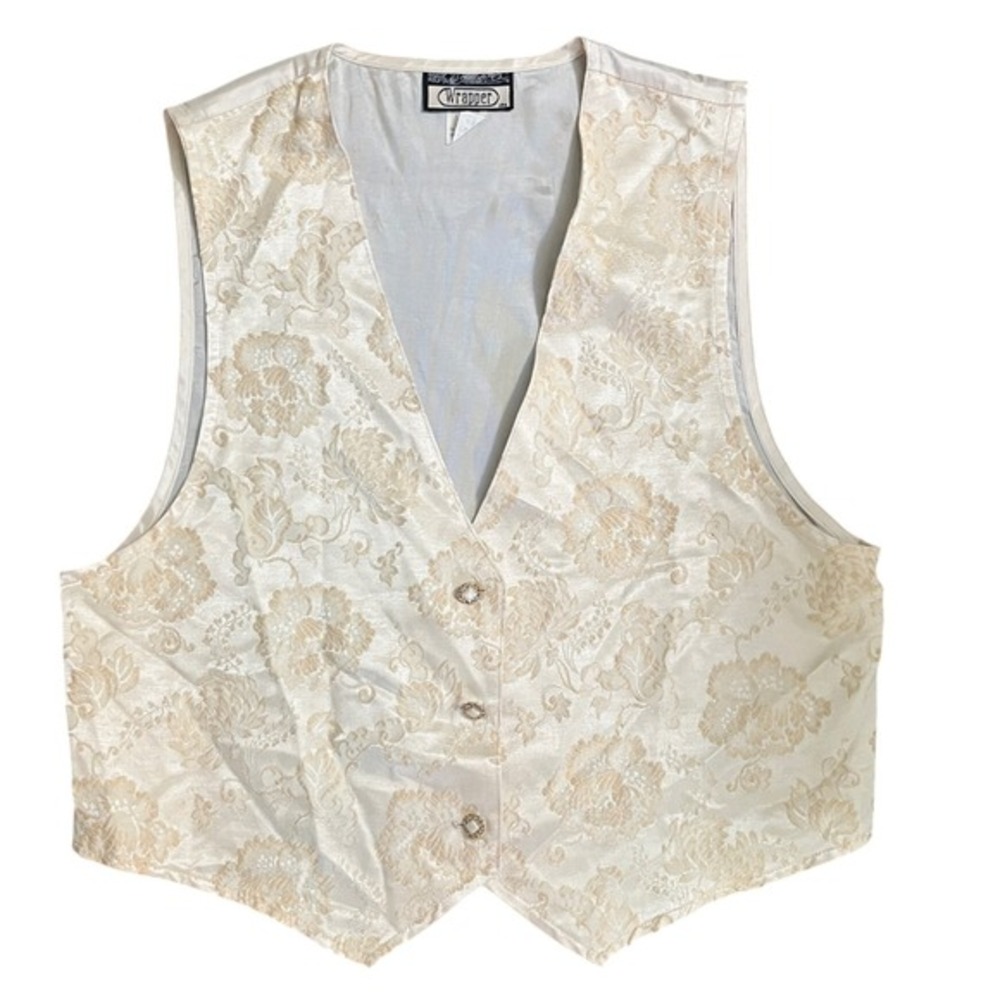 VTG Wrapper‎ Floral Vest Womens Large Sleeveless Button Up Beige Acetate Vintage